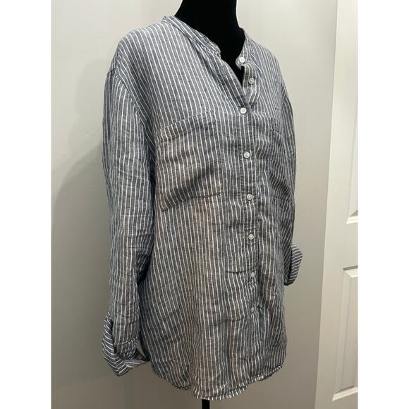 Lands’ End Linen Blend Shirt Popover Striped Band Collar Top - Picture 3 of 5